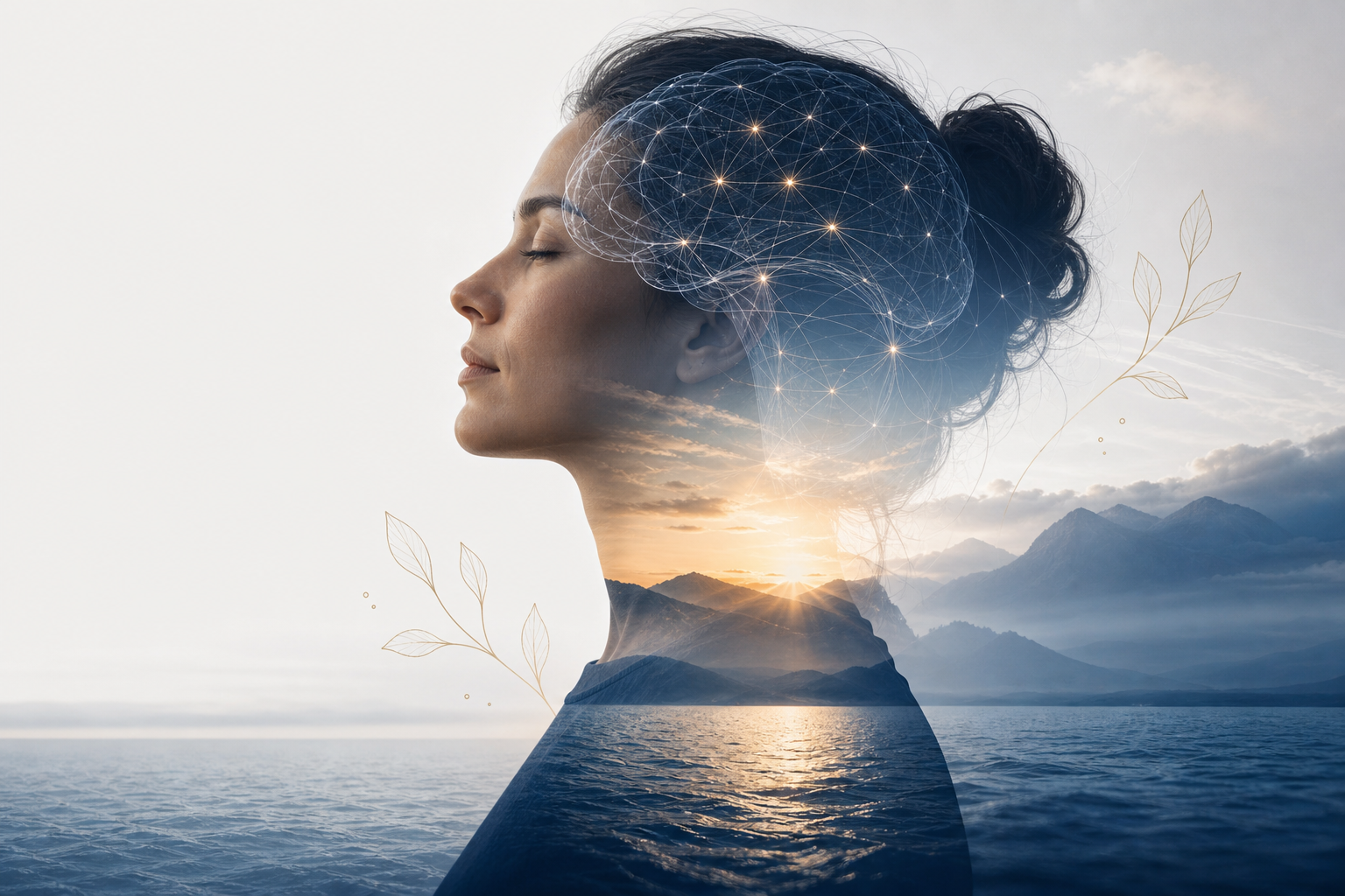 Composição editorial sobre saúde mental, natureza e redes neurais